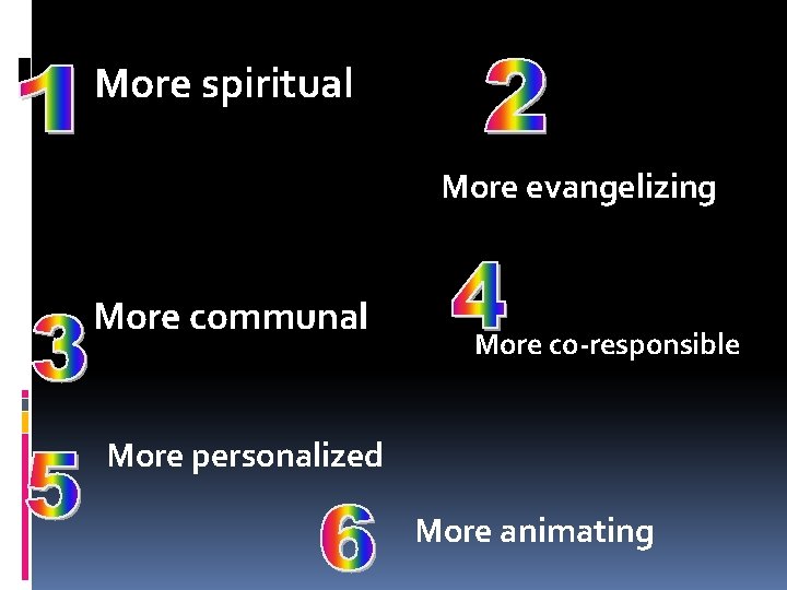 More spiritual More evangelizing More communal More co-responsible More personalized More animating 