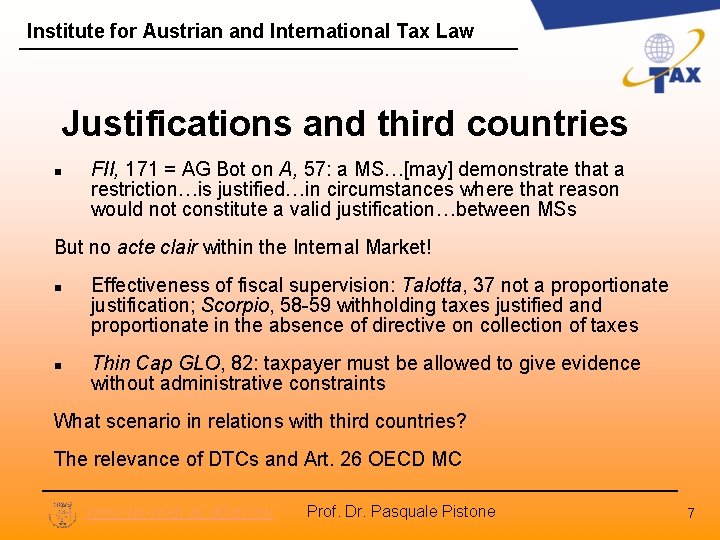 Institute for Austrian and International Tax Law Justifications and third countries n FII, 171