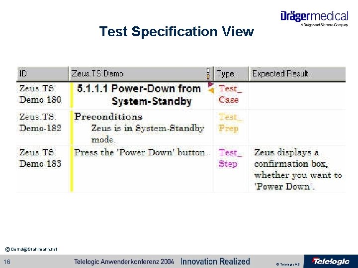 Test Specification View © Bernd@Grahlmann. net 16 © Telelogic AB Test Specification View © Bernd@Grahlmann. net 16 © Telelogic AB