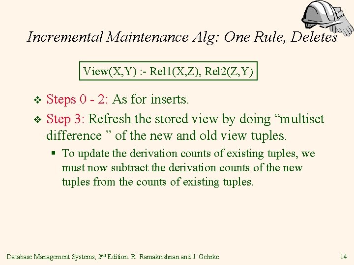 Incremental Maintenance Alg: One Rule, Deletes View(X, Y) : - Rel 1(X, Z), Rel