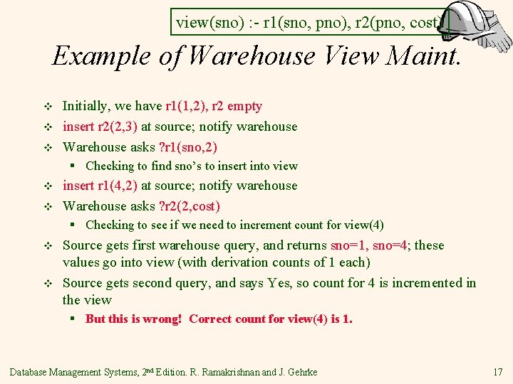 view(sno) : - r 1(sno, pno), r 2(pno, cost) Example of Warehouse View Maint.