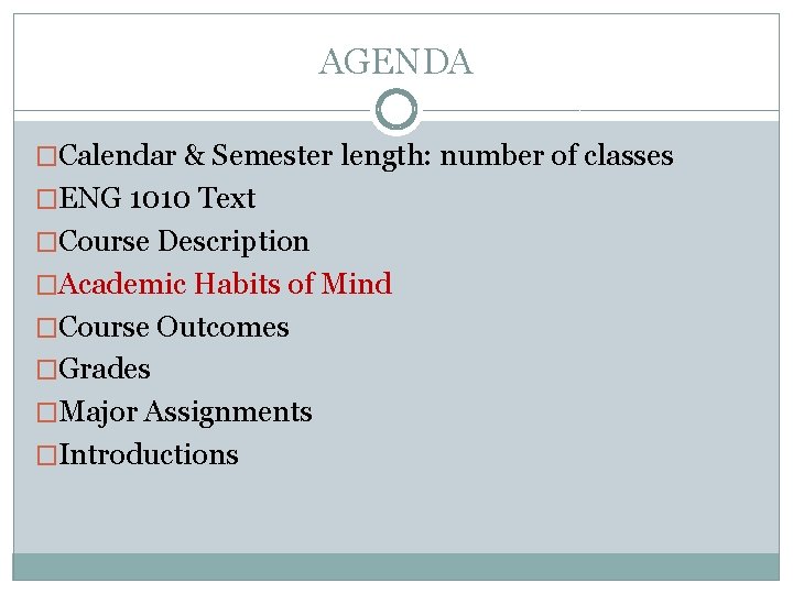 AGENDA �Calendar & Semester length: number of classes �ENG 1010 Text �Course Description �Academic AGENDA �Calendar & Semester length: number of classes �ENG 1010 Text �Course Description �Academic