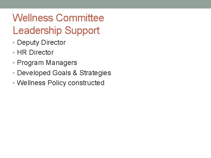 Wellness Committee Leadership Support • Deputy Director • HR Director • Program Managers •