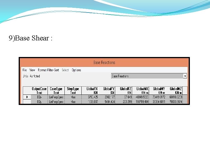 9)Base Shear : 