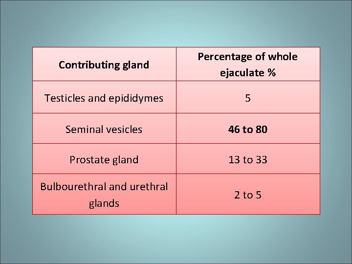 Contributing gland Percentage of whole ejaculate % Testicles and epididymes 5 Seminal vesicles 46