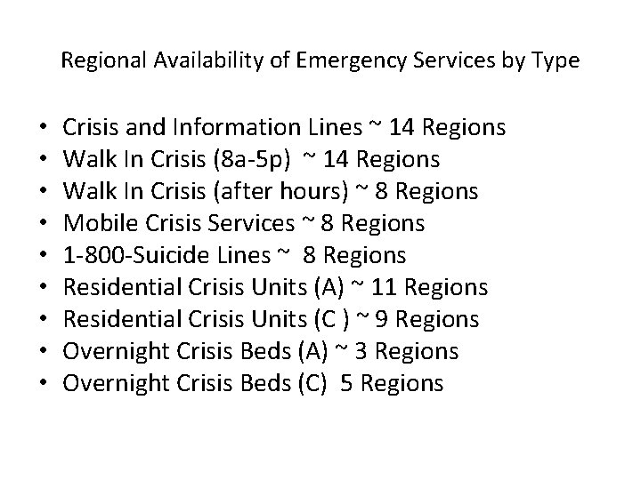 Regional Availability of Emergency Services by Type • • • Crisis and Information Lines