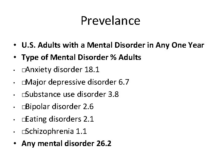 Prevelance • U. S. Adults with a Mental Disorder in Any One Year •