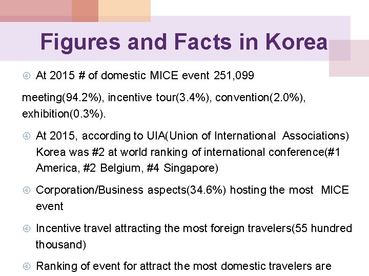 Figures and Facts in Korea At 2015 # of domestic MICE event 251, 099