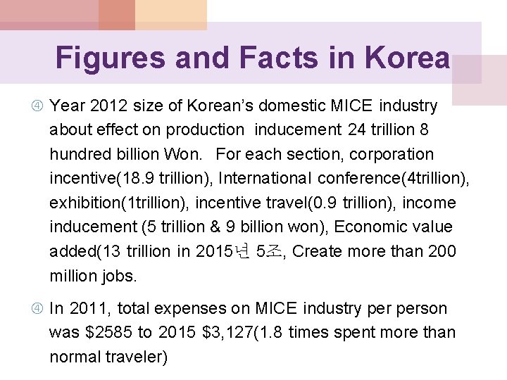 Figures and Facts in Korea Year 2012 size of Korean’s domestic MICE industry about