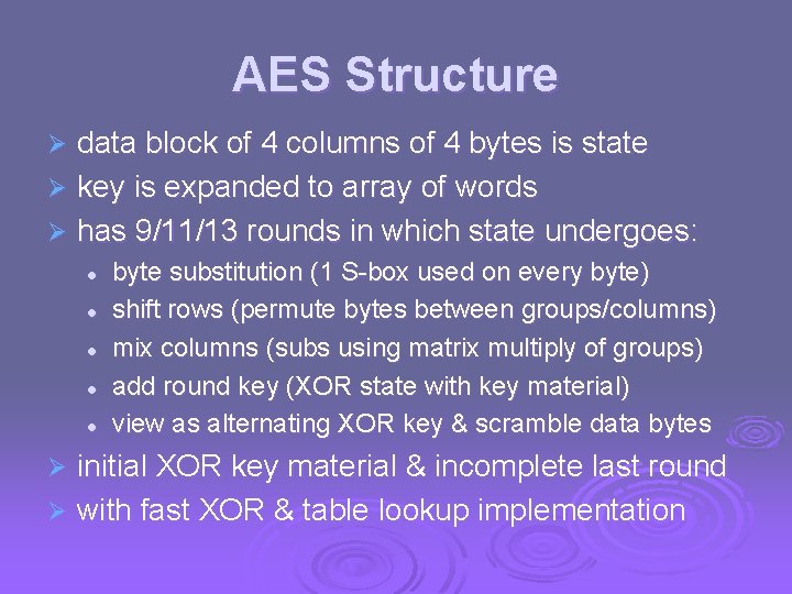 AES Structure data block of 4 columns of 4 bytes is state Ø key