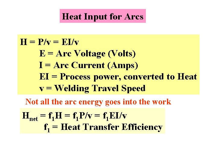 Heat Input for Arcs H = P/v = EI/v E = Arc Voltage (Volts)
