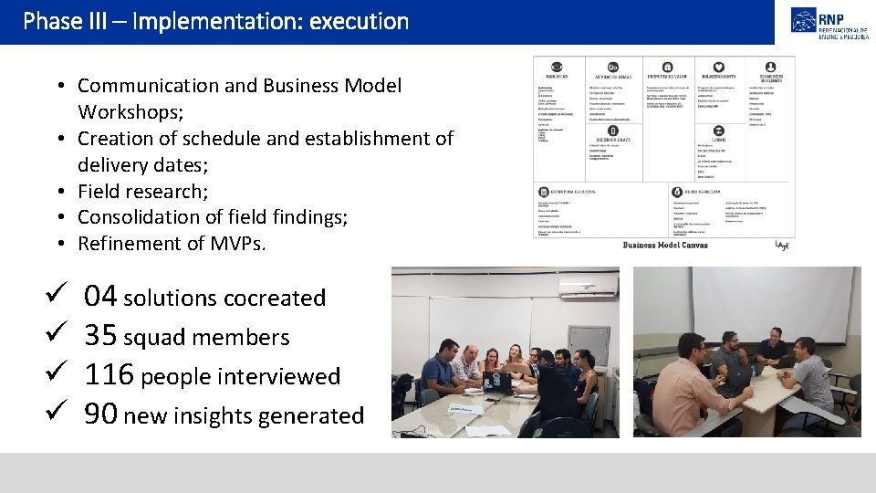 Phase III – Implementation: execution • Communication and Business Model Workshops; • Creation of