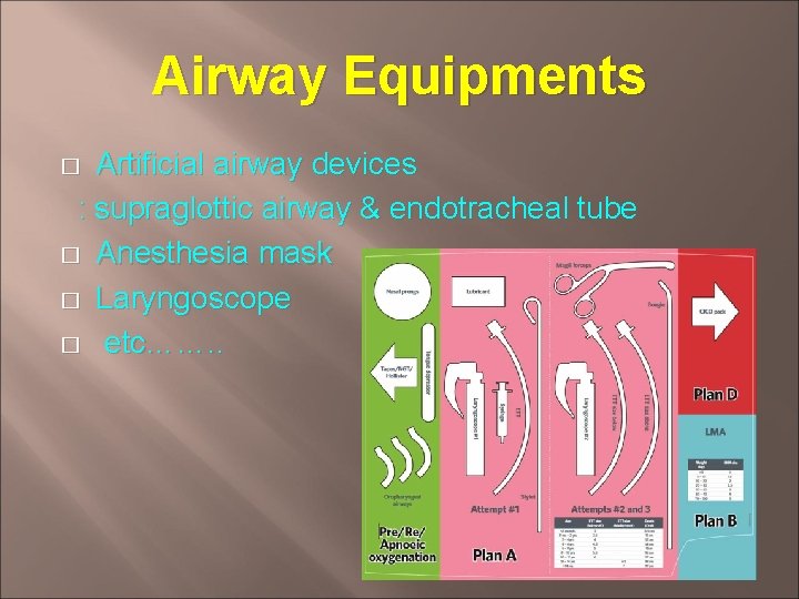 Airway Equipments Artificial airway devices : supraglottic airway & endotracheal tube � Anesthesia mask