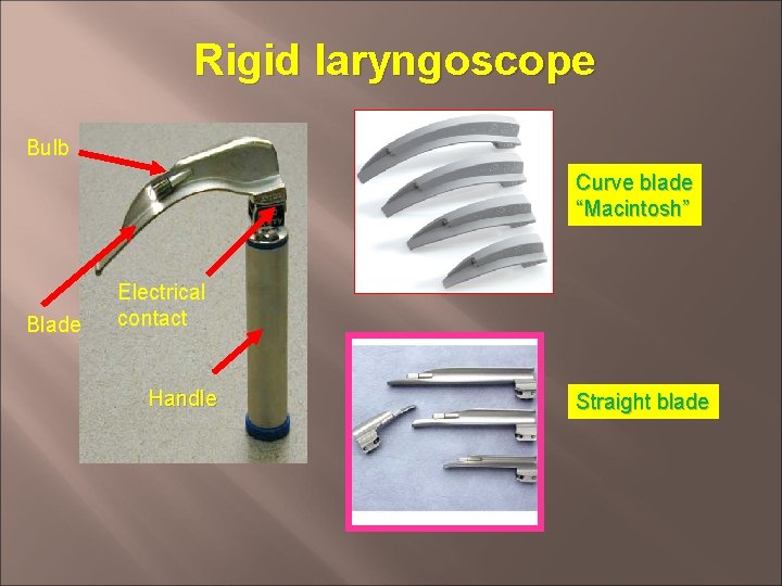 Rigid laryngoscope Bulb Curve blade “Macintosh” Blade Electrical contact Handle Straight blade 