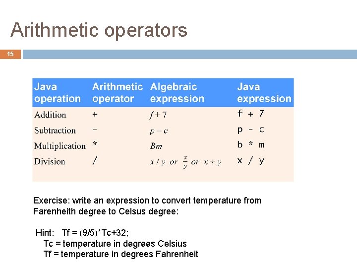 Arithmetic operators 15 Exercise: write an expression to convert temperature from Farenheith degree to