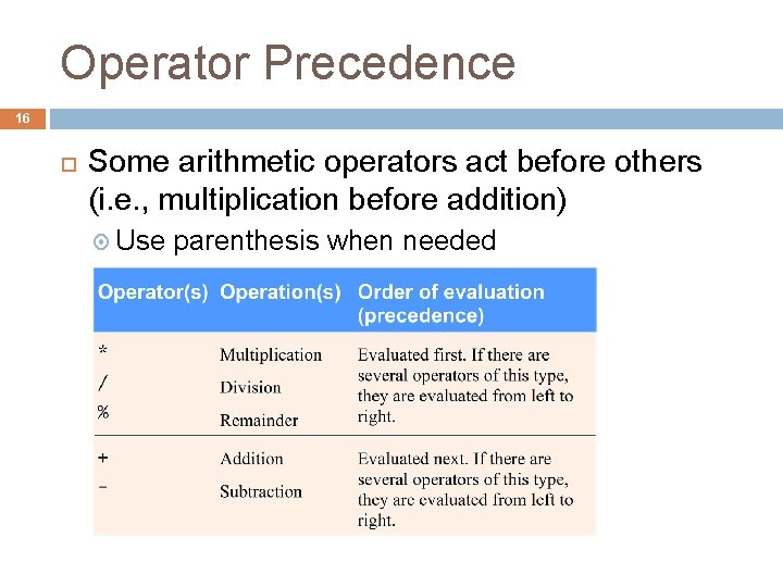 Operator Precedence 16 Some arithmetic operators act before others (i. e. , multiplication before