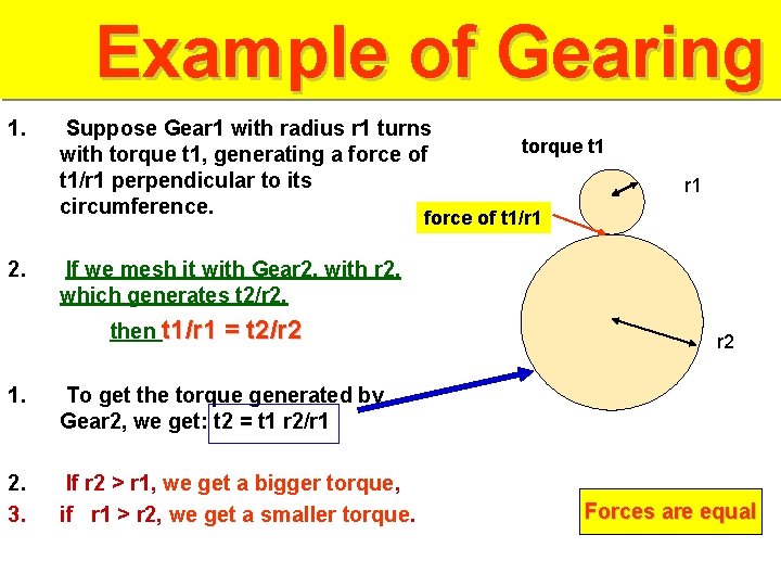 Example of Gearing 1. Suppose Gear 1 with radius r 1 turns with torque