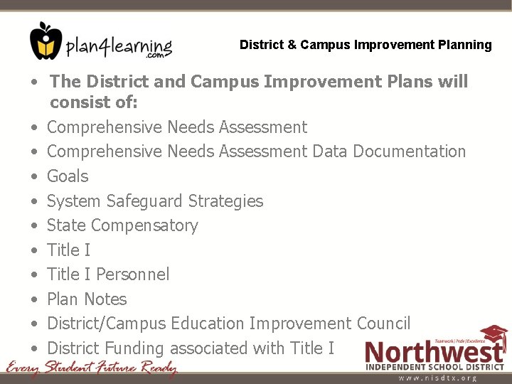 District & Campus Improvement Planning • The District and Campus Improvement Plans will consist