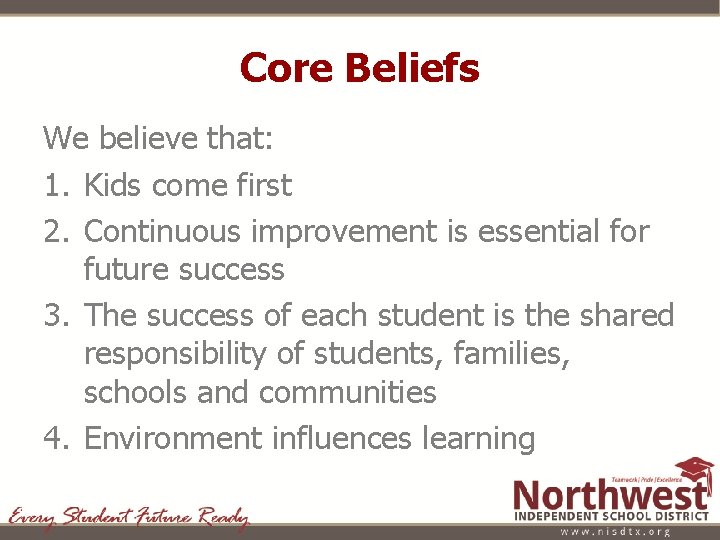 Core Beliefs We believe that: 1. Kids come first 2. Continuous improvement is essential