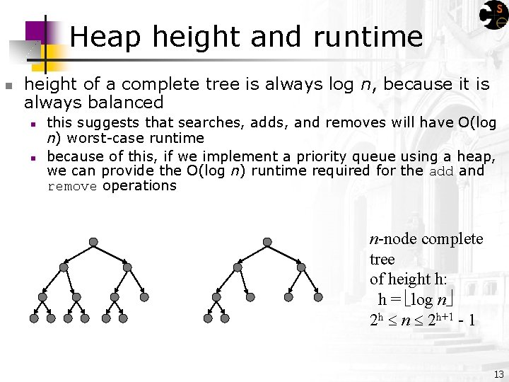 Heap height and runtime n height of a complete tree is always log n,