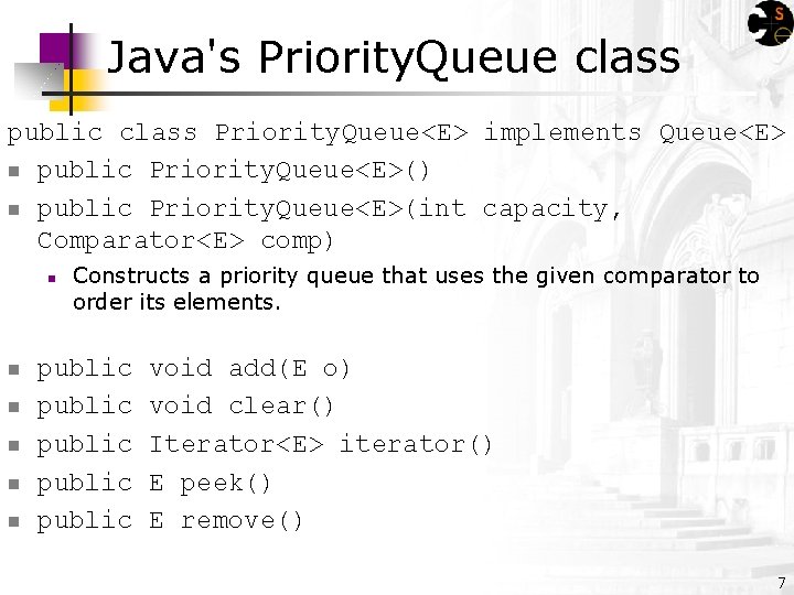 Java's Priority. Queue class public class Priority. Queue<E> implements Queue<E> n public Priority. Queue<E>()