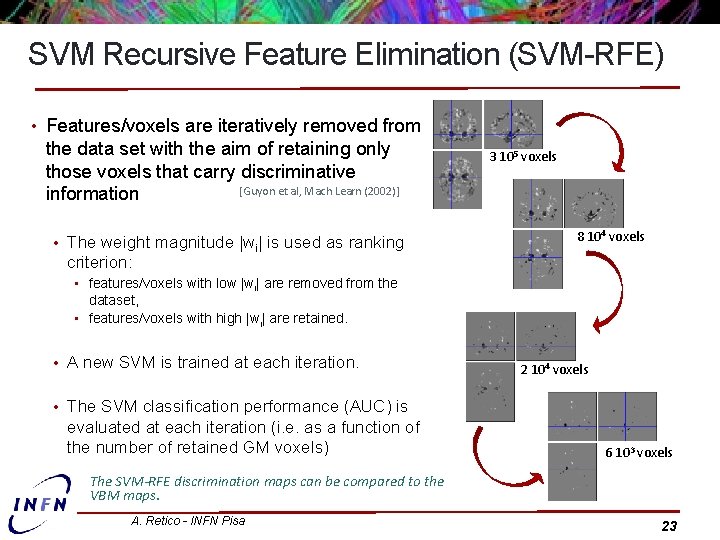 SVM Recursive Feature Elimination (SVM-RFE) • Features/voxels are iteratively removed from the data set