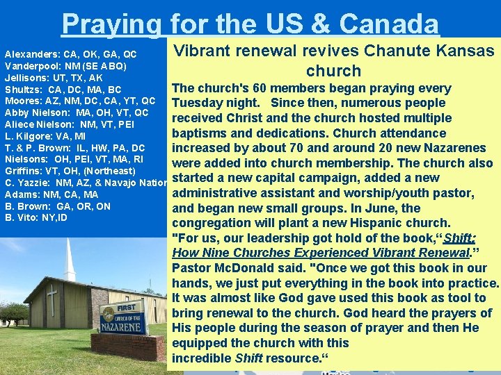 Praying for the US & Canada Vibrant renewal revives Chanute Kansas church Alexanders: CA,