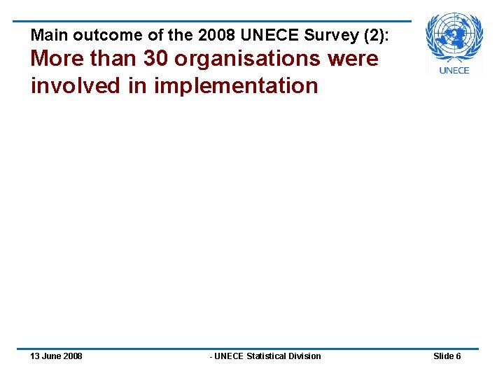 Main outcome of the 2008 UNECE Survey (2): More than 30 organisations were involved