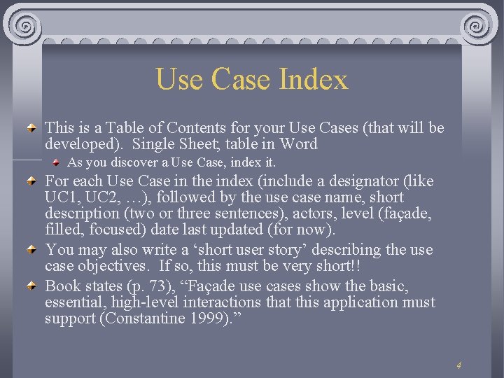 Use Case Index This is a Table of Contents for your Use Cases (that Use Case Index This is a Table of Contents for your Use Cases (that