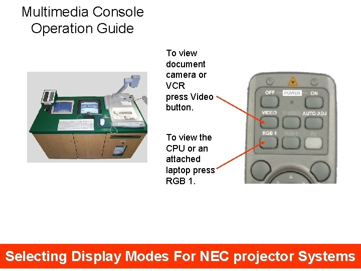 Multimedia Console Operation Guide To view document camera or VCR press Video button. To
