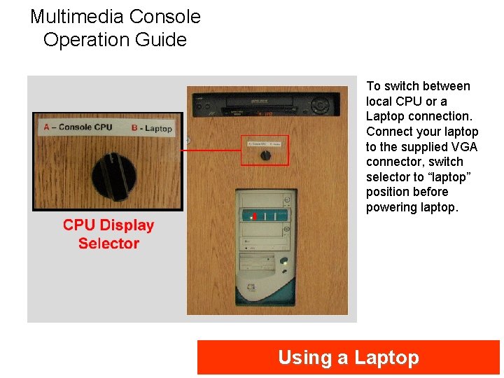 Multimedia Console Operation Guide To switch between local CPU or a Laptop connection. Connect