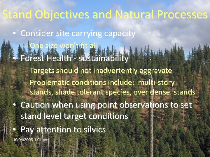 Stand Objectives and Natural Processes • Consider site carrying capacity – One size won’t