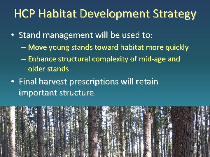 HCP Habitat Development Strategy • Stand management will be used to: – Move young