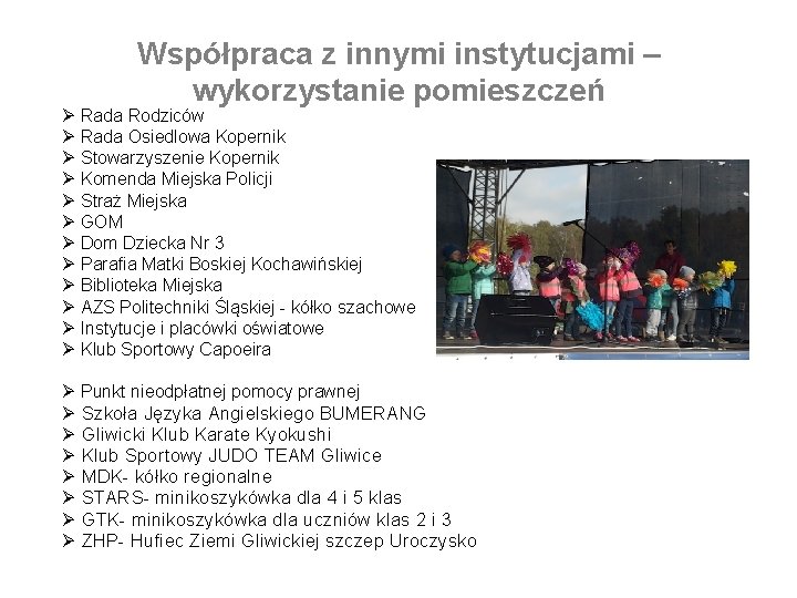 Współpraca z innymi instytucjami – wykorzystanie pomieszczeń Ø Rada Rodziców Ø Rada Osiedlowa Kopernik Współpraca z innymi instytucjami – wykorzystanie pomieszczeń Ø Rada Rodziców Ø Rada Osiedlowa Kopernik