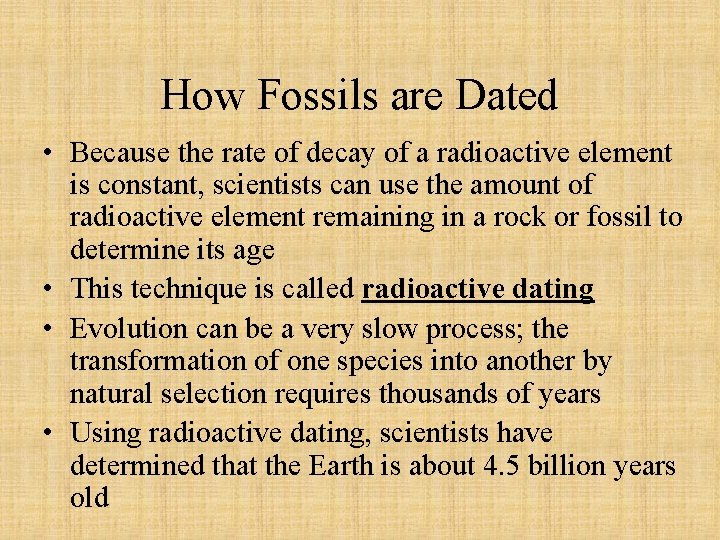 How Fossils are Dated • Because the rate of decay of a radioactive element