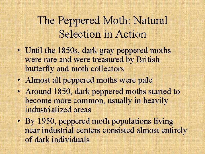 The Peppered Moth: Natural Selection in Action • Until the 1850 s, dark gray