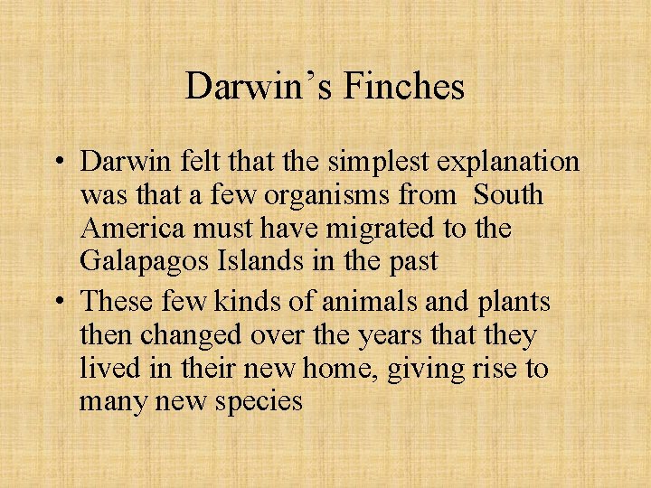 Darwin’s Finches • Darwin felt that the simplest explanation was that a few organisms