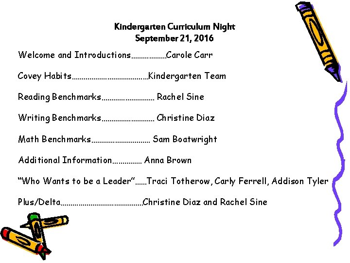 Kindergarten Curriculum Night September 21, 2016 Welcome and Introductions………………Carole Carr Covey Habits…………………Kindergarten Team Reading