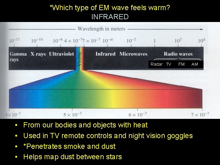 *Which type of EM wave feels warm? INFRARED Radar TV FM AM • •