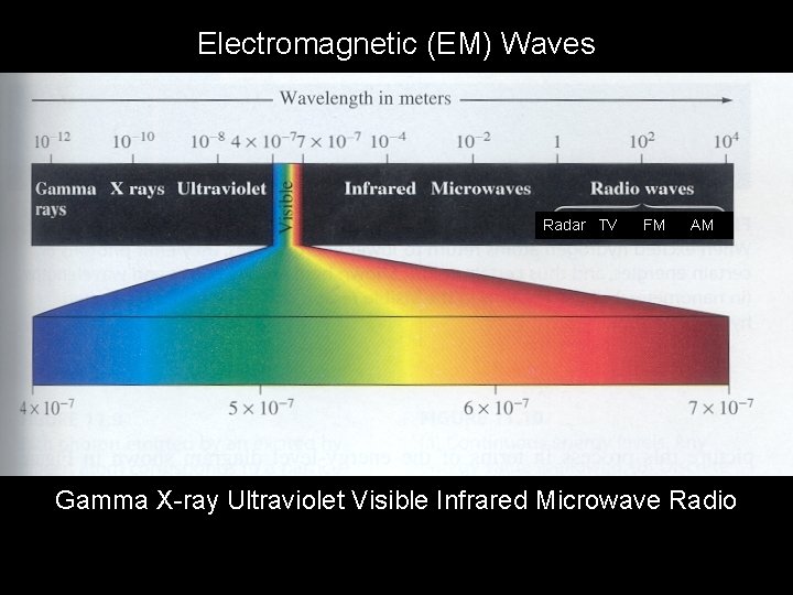 Electromagnetic (EM) Waves Radar TV FM AM Gamma X-ray Ultraviolet Visible Infrared Microwave Radio