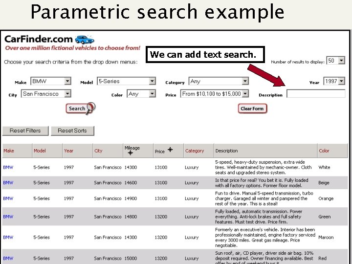 Parametric search example We can add text search. 