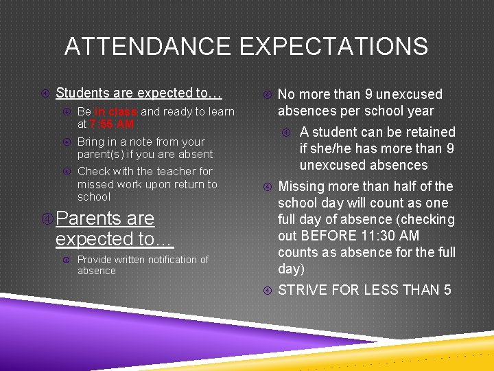 ATTENDANCE EXPECTATIONS Students are expected to… Be in class and ready to learn at