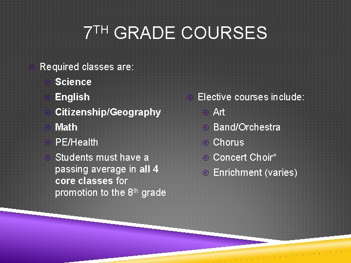 7 TH GRADE COURSES Required classes are: Science English Elective courses include: Citizenship/Geography Art
