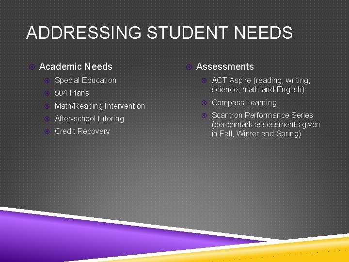 ADDRESSING STUDENT NEEDS Academic Needs Special Education 504 Plans Assessments ACT Aspire (reading, writing,