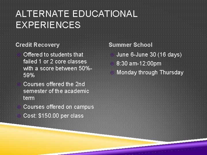 ALTERNATE EDUCATIONAL EXPERIENCES Credit Recovery Offered to students that failed 1 or 2 core