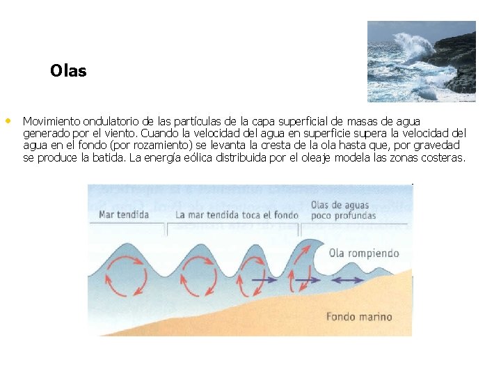 Olas • Movimiento ondulatorio de las partículas de la capa superficial de masas de