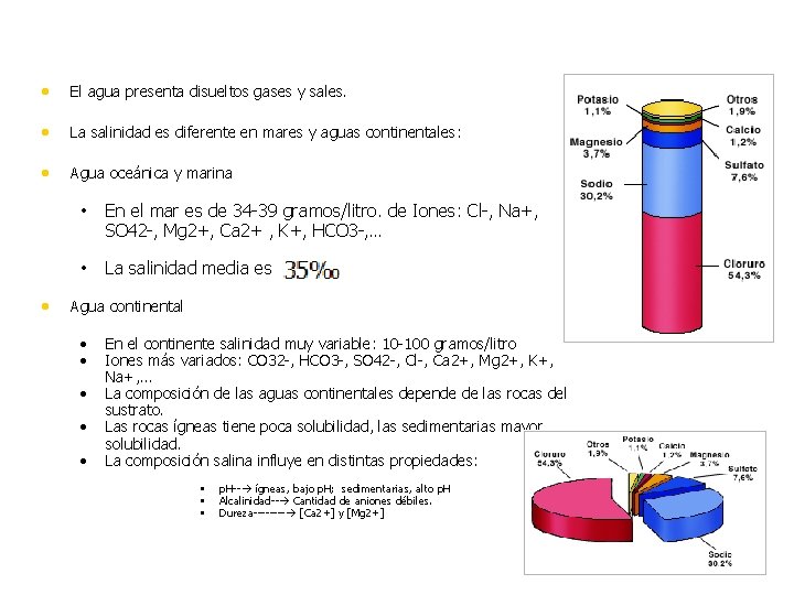  El agua presenta disueltos gases y sales. La salinidad es diferente en mares