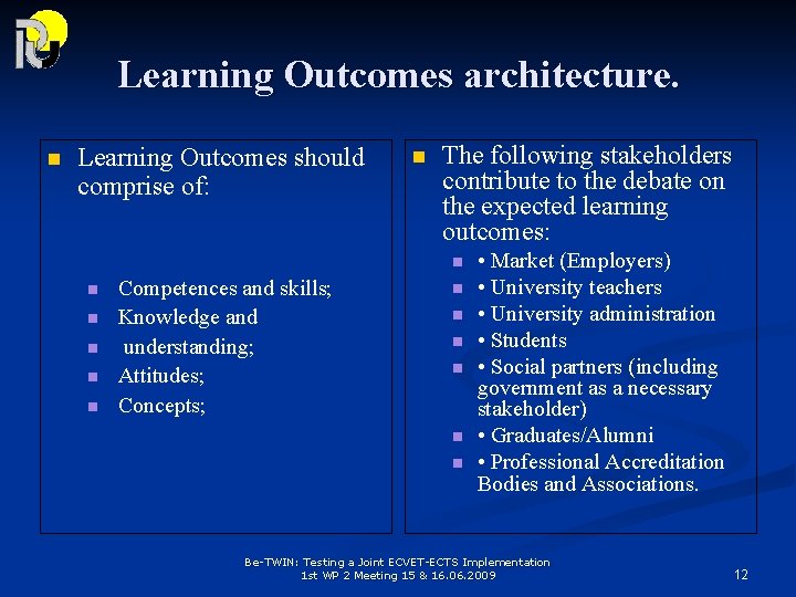 Learning Outcomes architecture. n Learning Outcomes should comprise of: n The following stakeholders contribute