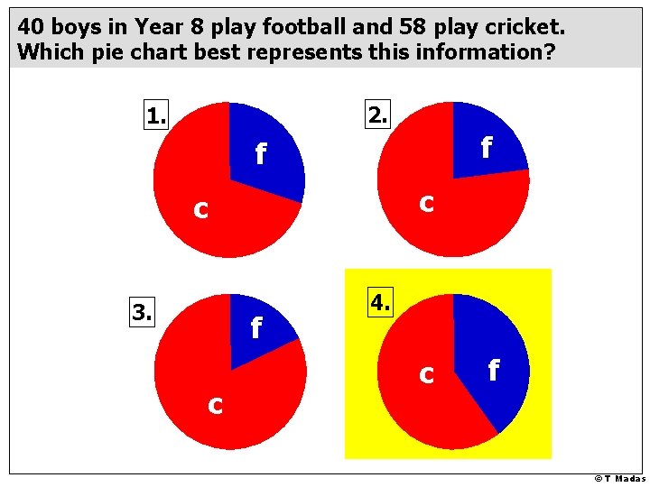 40 boys in Year 8 play football and 58 play cricket. Which pie chart 40 boys in Year 8 play football and 58 play cricket. Which pie chart