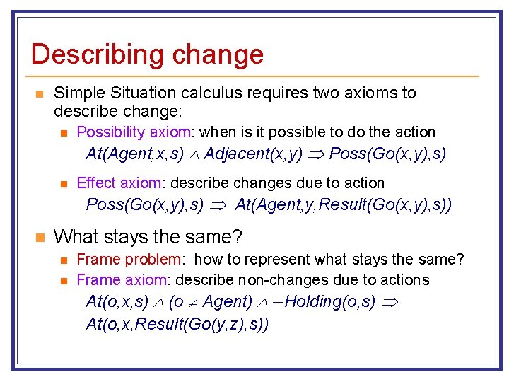 Describing change n Simple Situation calculus requires two axioms to describe change: n Possibility